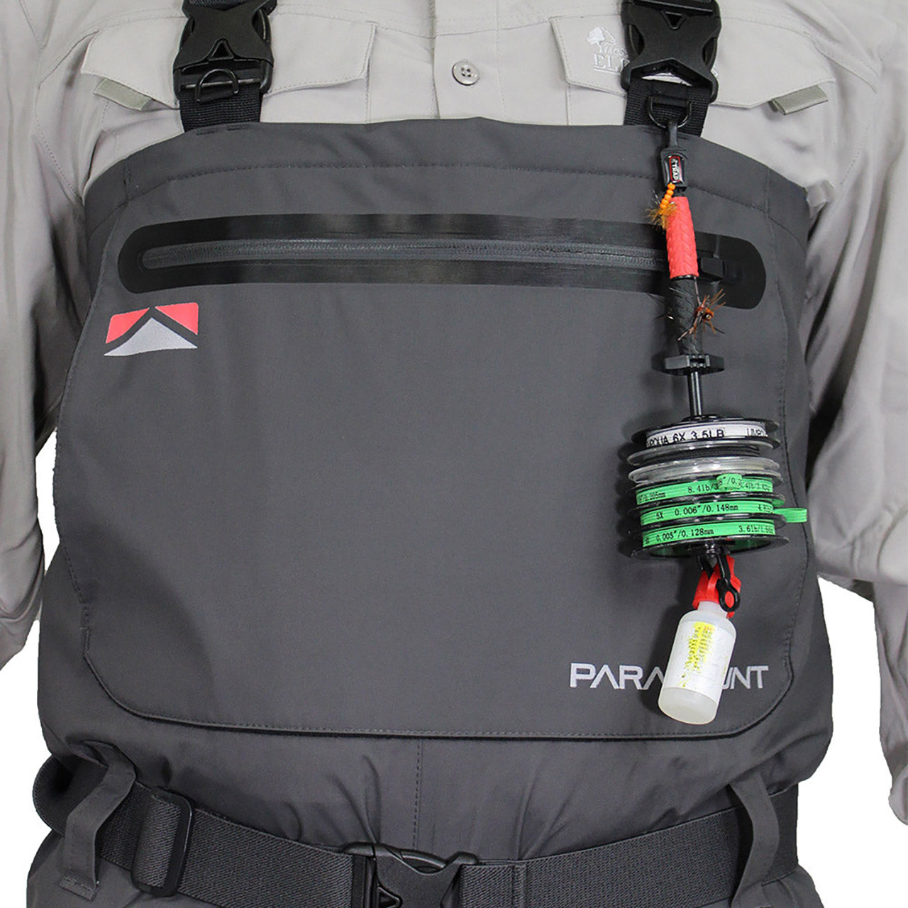 Paramount Outdoors Obsidian Pro-Series Breathable Chest Wader front pocket zipper and straps, items on waders not included