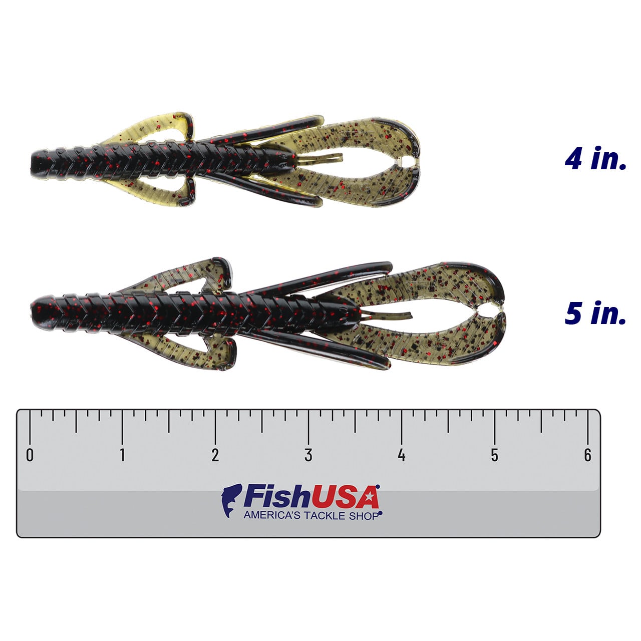 Strike King Rage Hawg color Cali Craw in both sizes (4 in., 5 in.) above a 6 inch FishUSA ruler
