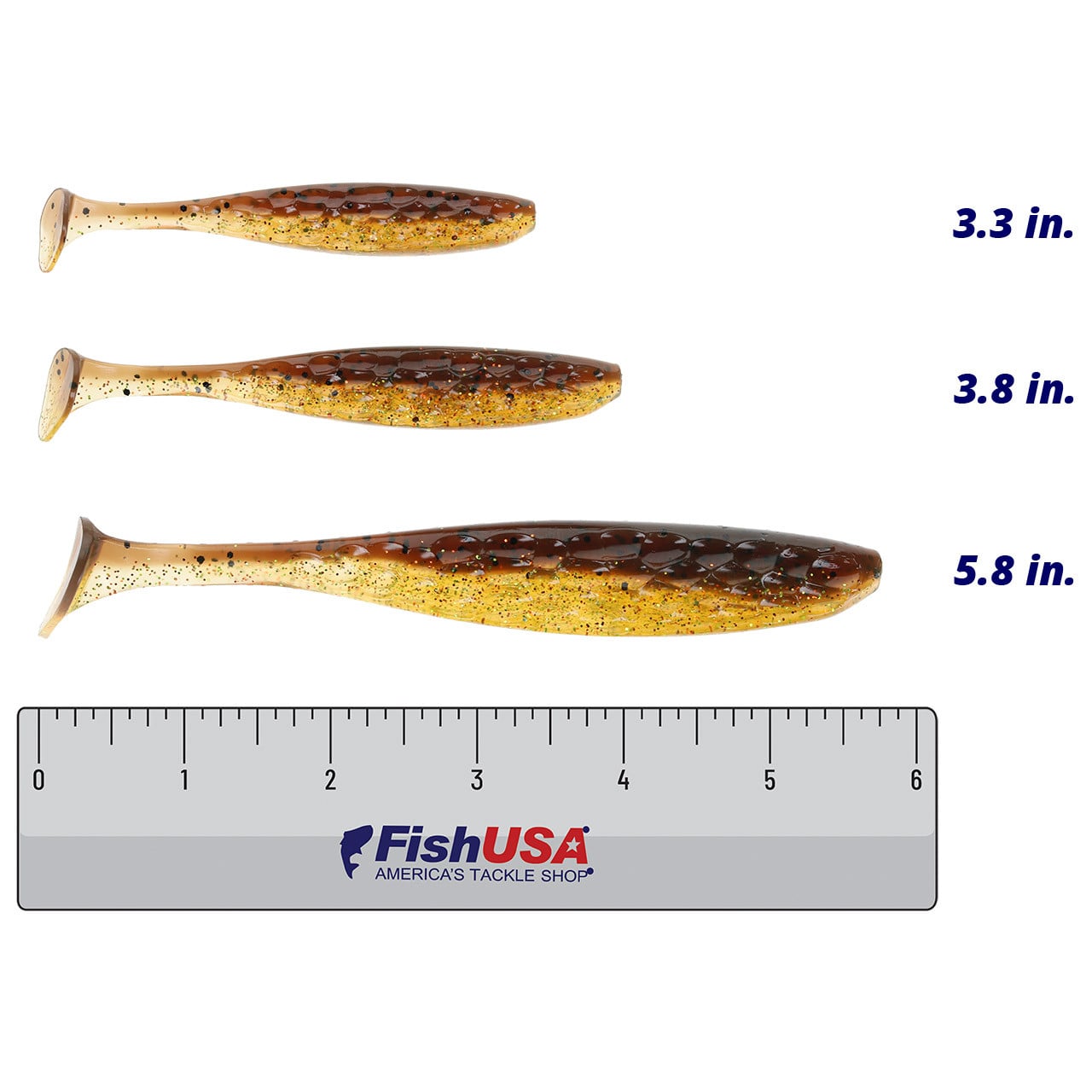 Kalin's Hammered Live Series Paddle Tail color Sunny in all sizes (3.3 in., 3.8 in., 5.8 in.) above a 6 inch FishUSA ruler