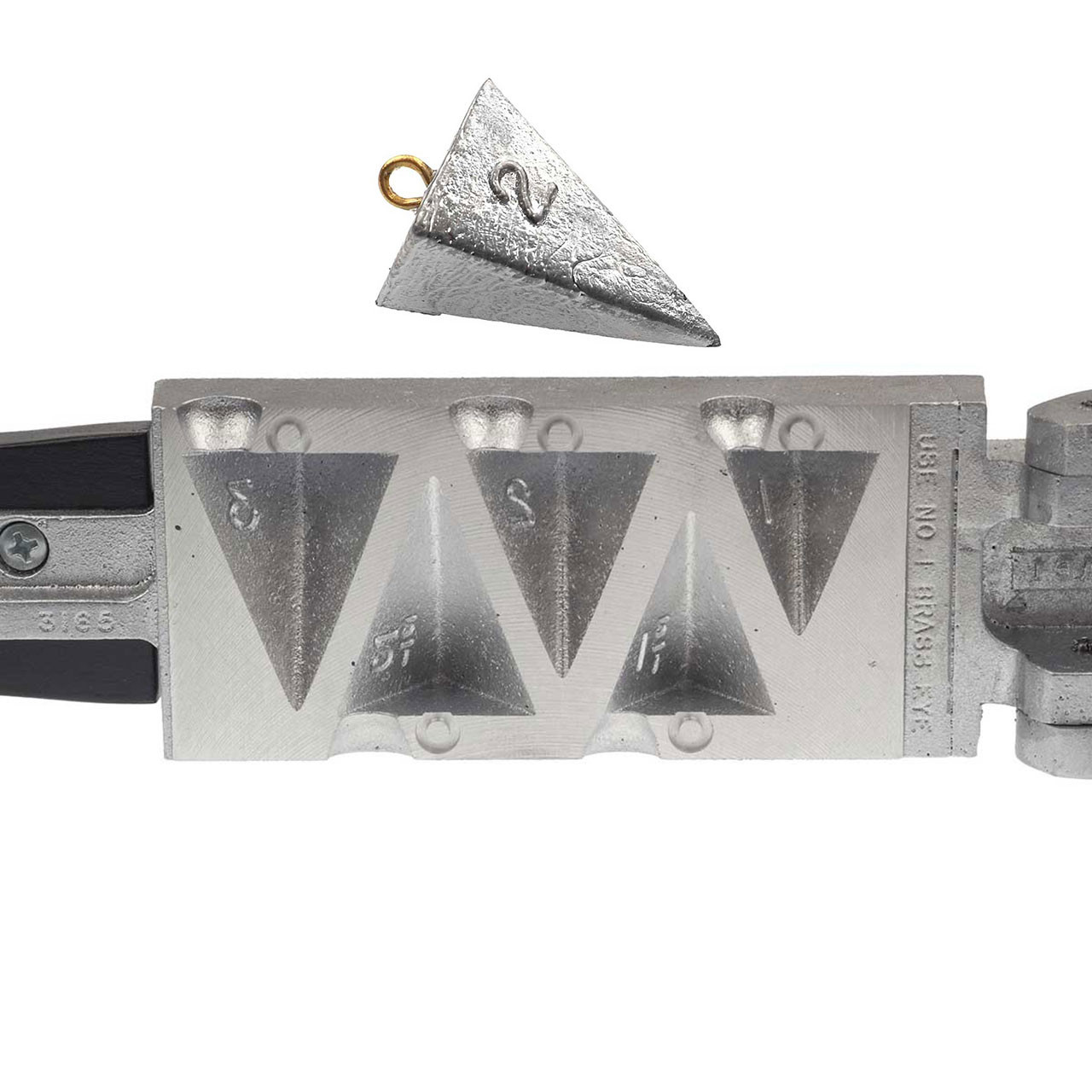 Do-It Pyramid Sinker Mold for sizes 1, 1 1/2, 2, 2 1/2, & 3 oz. sinker is for display purposes only