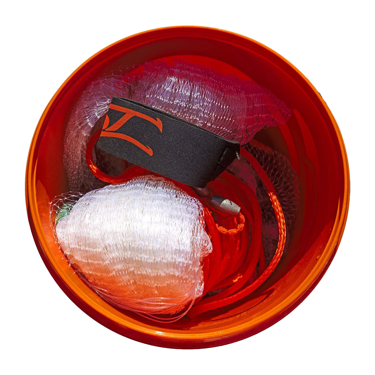 Whisker Seeker Angler Series Cast Net with storage bag inside of included heavy duty WST cast net bucket