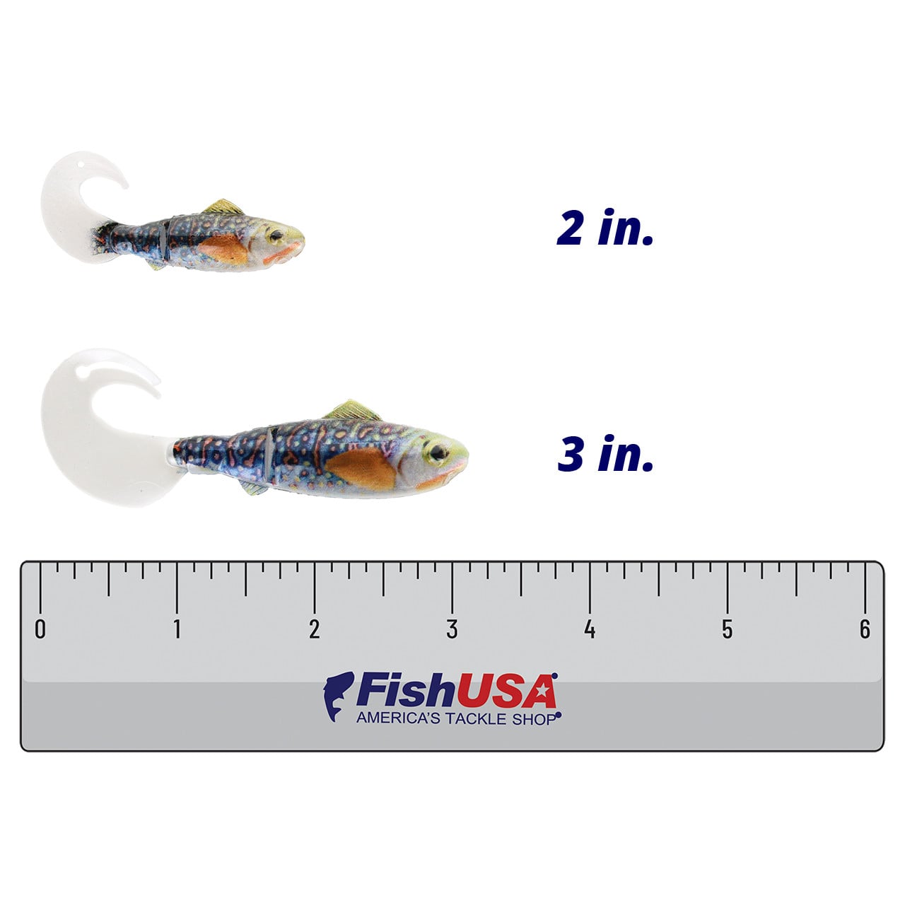 Head Hunter Keystone Twister Tail color Patriot in both sizes (2 in., 3 in.) above a 6 inch FishUSA ruler