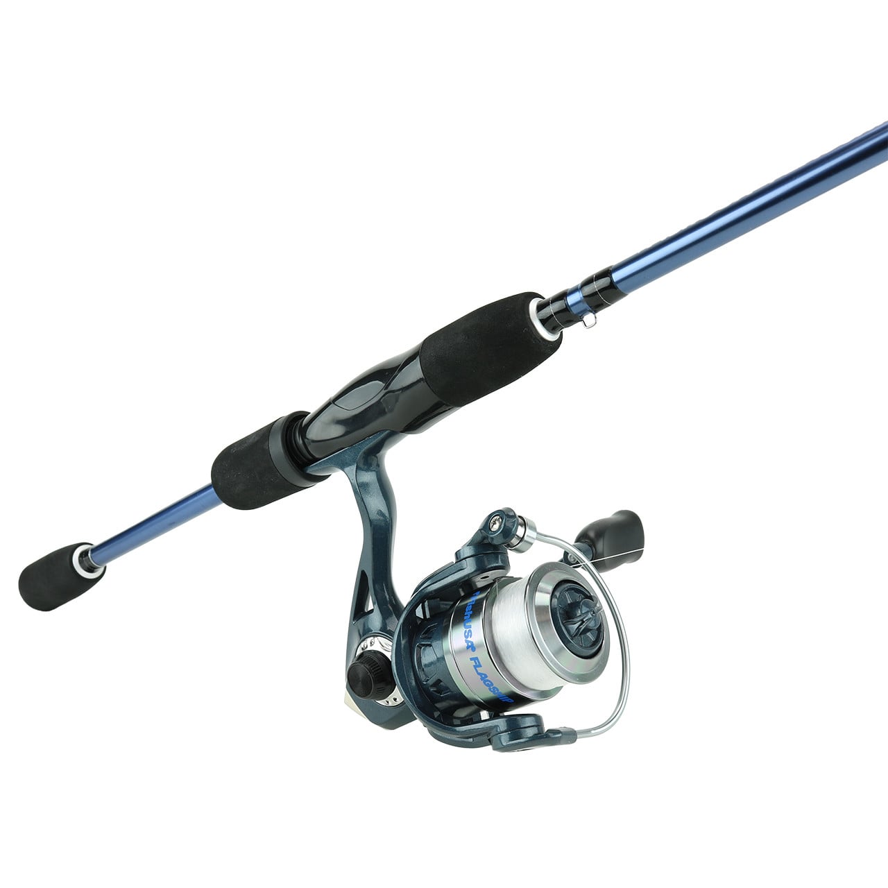 FishUSA Flagship Kid's Spooled Rod & Reel Combo angled to show the reel