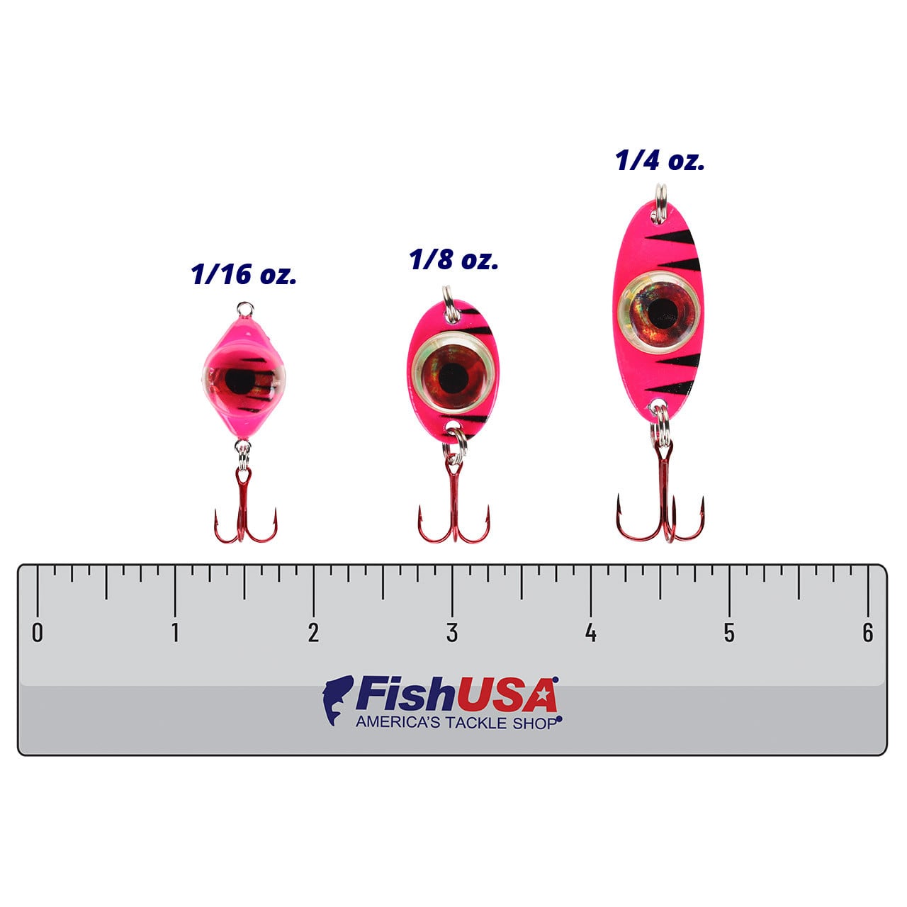 Fish Daddy Dirty Bomb Pink Tiger Spoon color Blinking Red in all sizes (1/16 oz., 1/8 oz., 1/4 oz.) above a 6 inch FishUSA Ruler