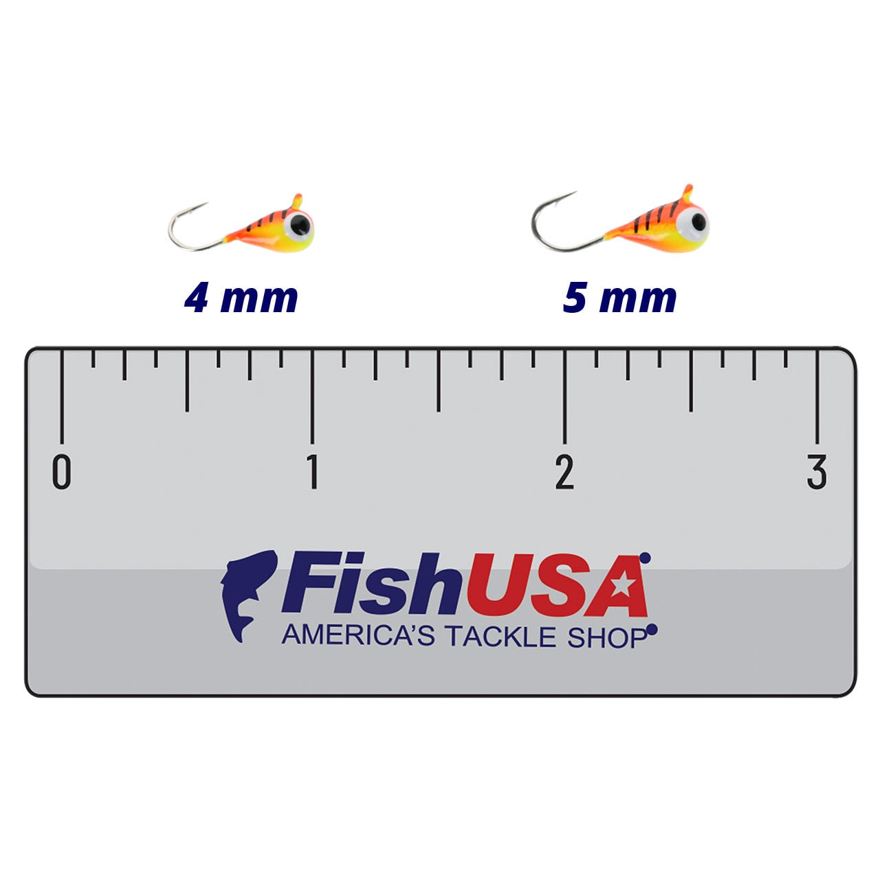 Kenders Tungsten D-Style Jig - Small Hook color Tiger UV in both sizes (4 mm, 5 mm) above a 3 inch FishUSA ruler