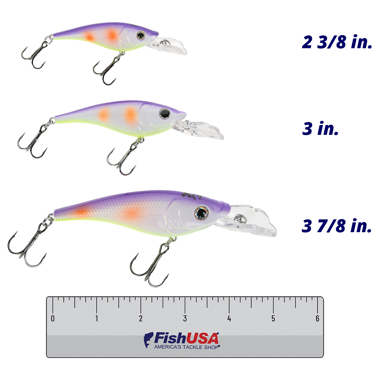 WalleyeX XShad Crankbait color Goblin in all sizes (2 3/8 in., 3 in., 3 7/8 in.) above a 6 inch FishUSA ruler