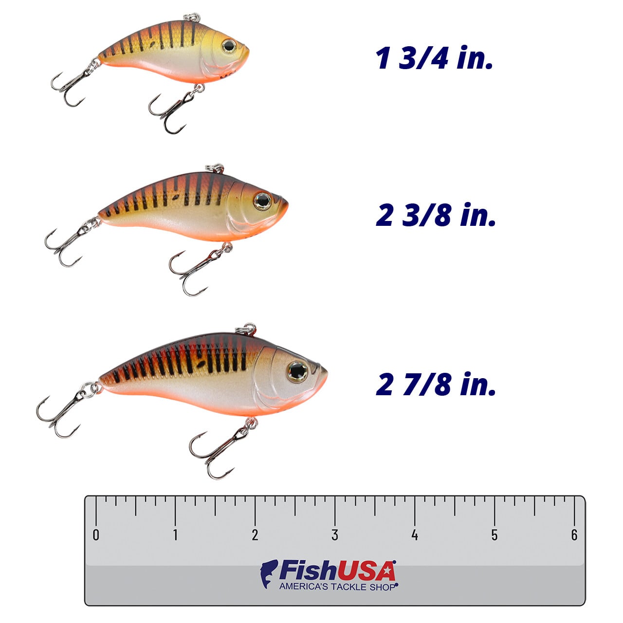 WalleyeX Ripper Lipless Crankbait color Craw in all sizes (1 3/4 in., 2 3/8 in., 2 7/8 in.) above a 6 inch FishUSA ruler