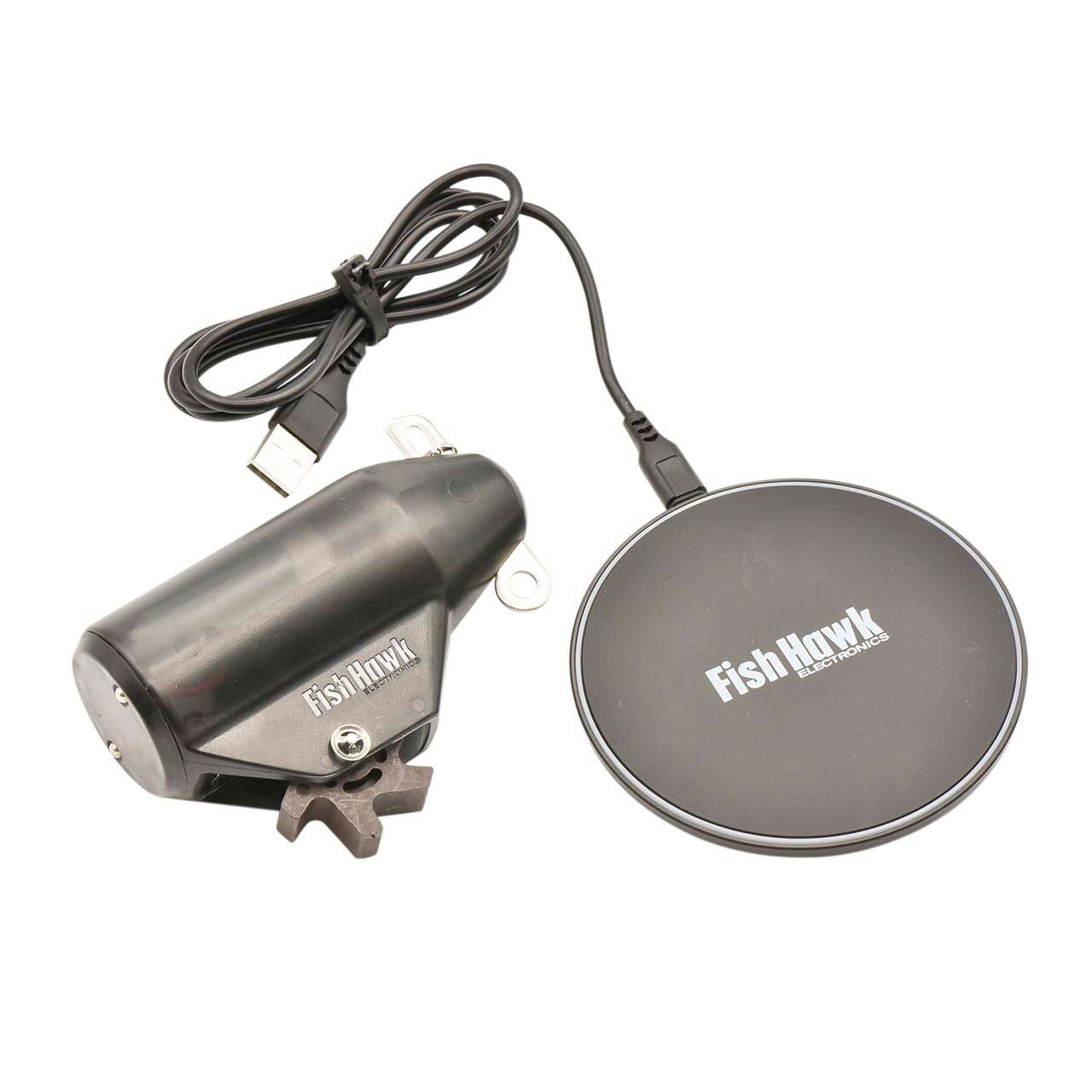 Fish Hawk ONE System included wireless charging pad with probe stand and USB cable