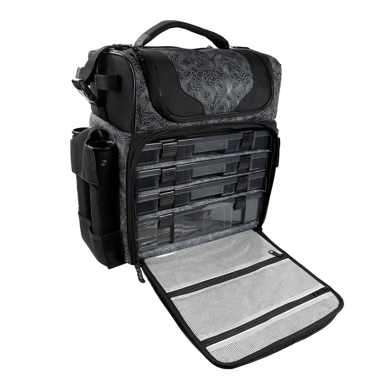 FishLab Large Roller Tackle Bag tackle box storage compartment open with tackle boxes