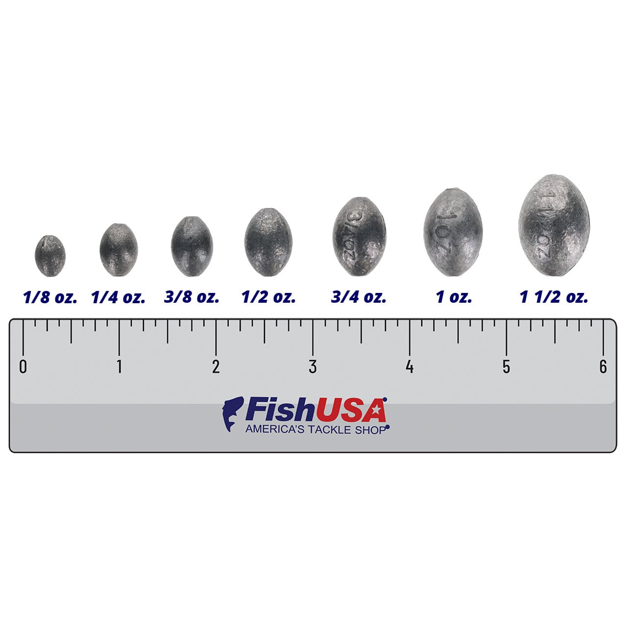 FishUSA Egg Sinkers in all sizes (1/8 oz., 1/4 oz., 3/8 oz., 1/2 oz., 3/4 oz., 1 oz., 1 1/2 oz.) above a 6 inch FishUSA ruler