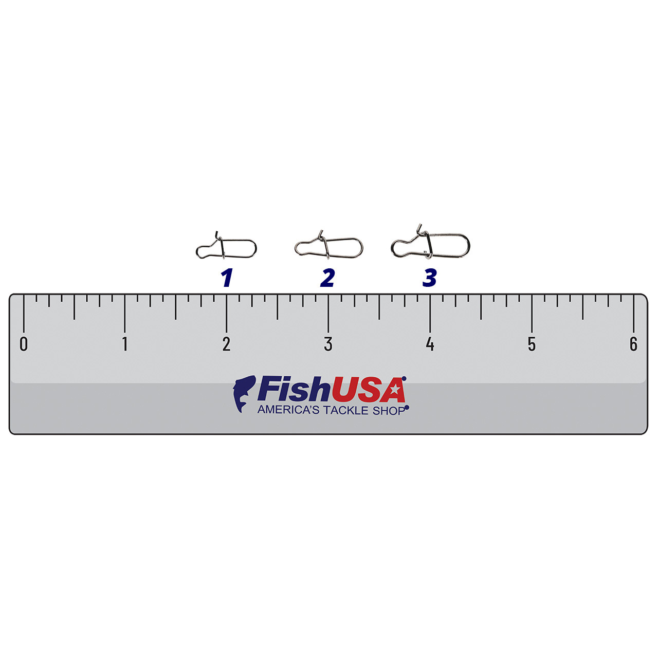 FishUSA Dual Lock Snaps in all sizes (1, 2, 3) above a 6 inch FishUSA ruler