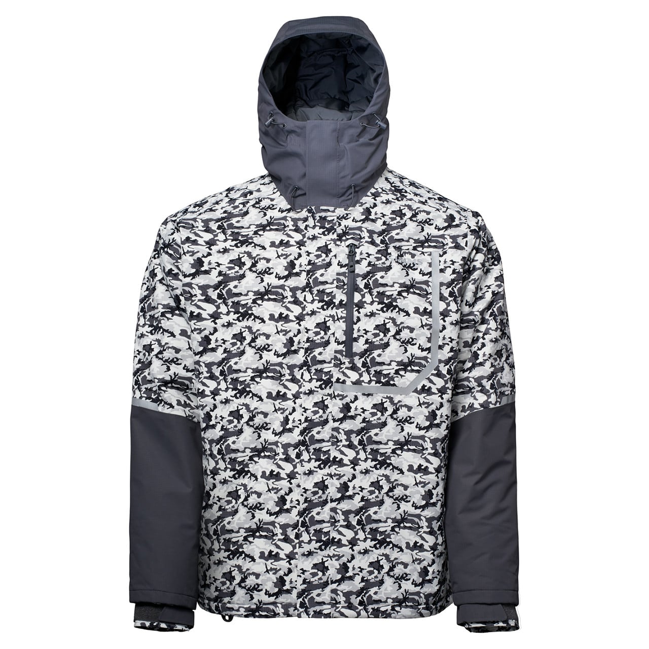 Simms Challenger Insulated Jacket color Camo Slate with the hood up