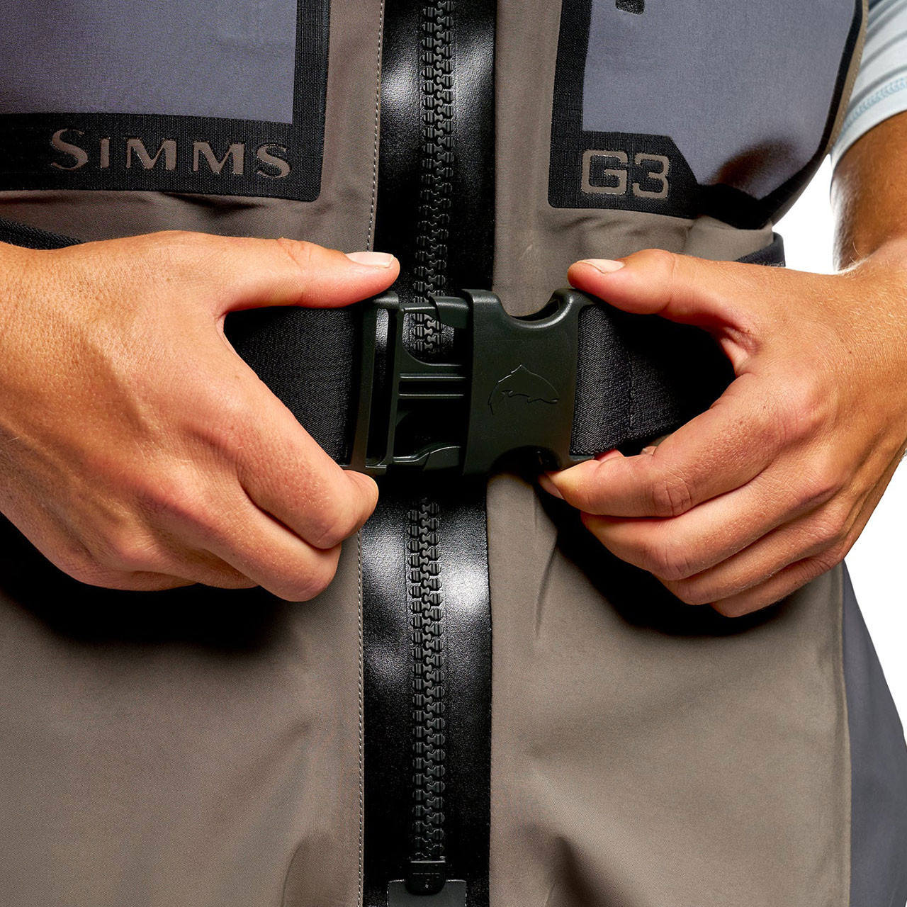 Simms Men's G3Z Pro Bootfoot Waders on model, close up of belt buckle