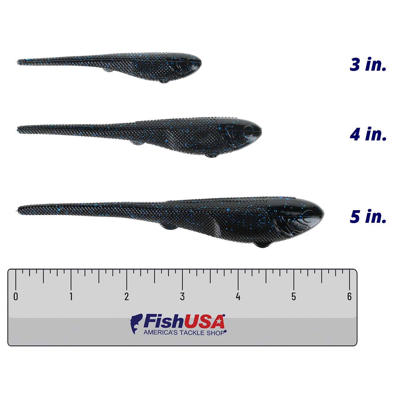 YUM Scottsboro Sniper Shad color Black Blue in all sizes (3 in., 4 in., 5 in.) above a 6 inch FishUSA ruler