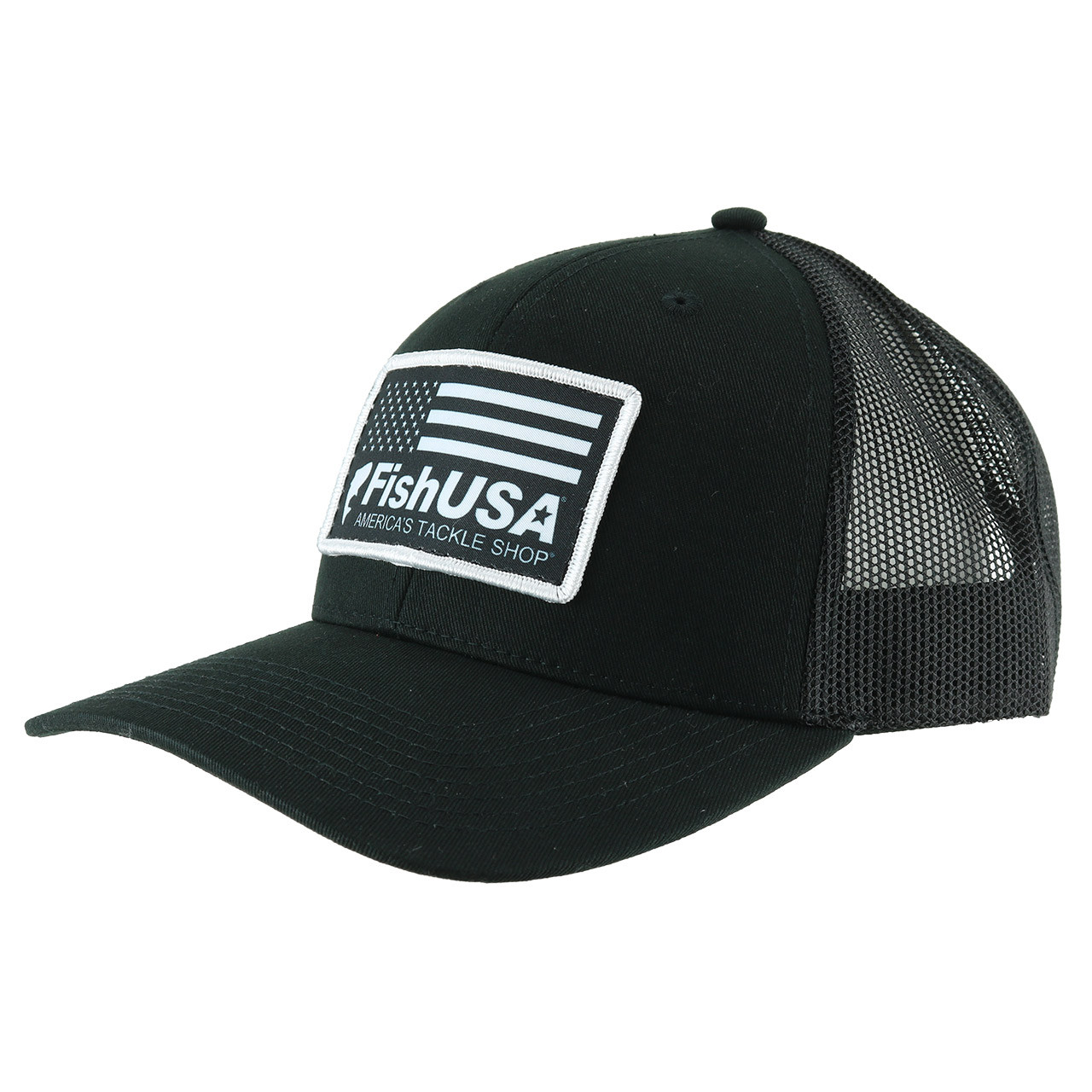 FishUSA Black Ops Trucker Hat front angle showing black panels and black mesh