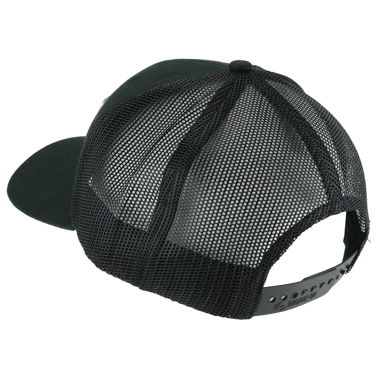 FishUSA Black Ops Trucker Hat back angle showing black panels and black mesh