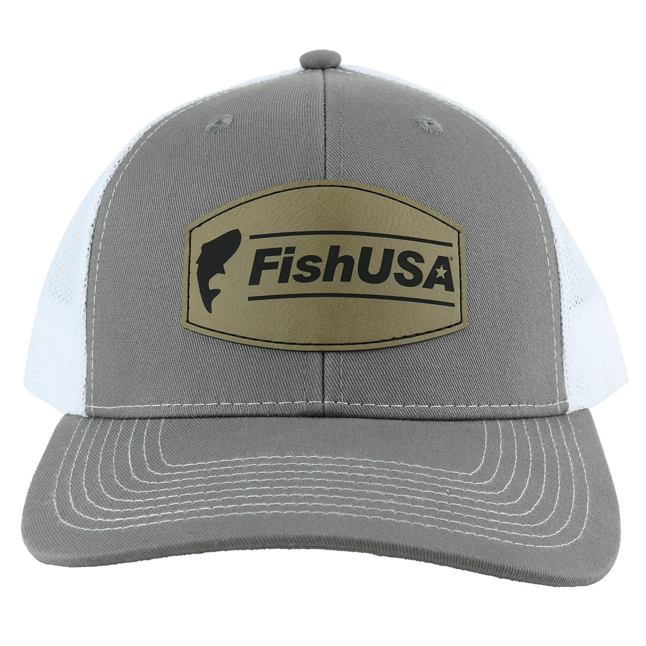 FishUSA Riverhide Trucker Hat front showing grey panels and white mesh