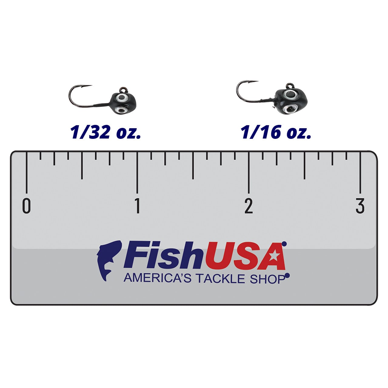 Clam T3 Drop Tungsten Jig color Matte Black in both sizes (1/32 oz., 1/16 oz.) above a 3 inch FishUSA ruler