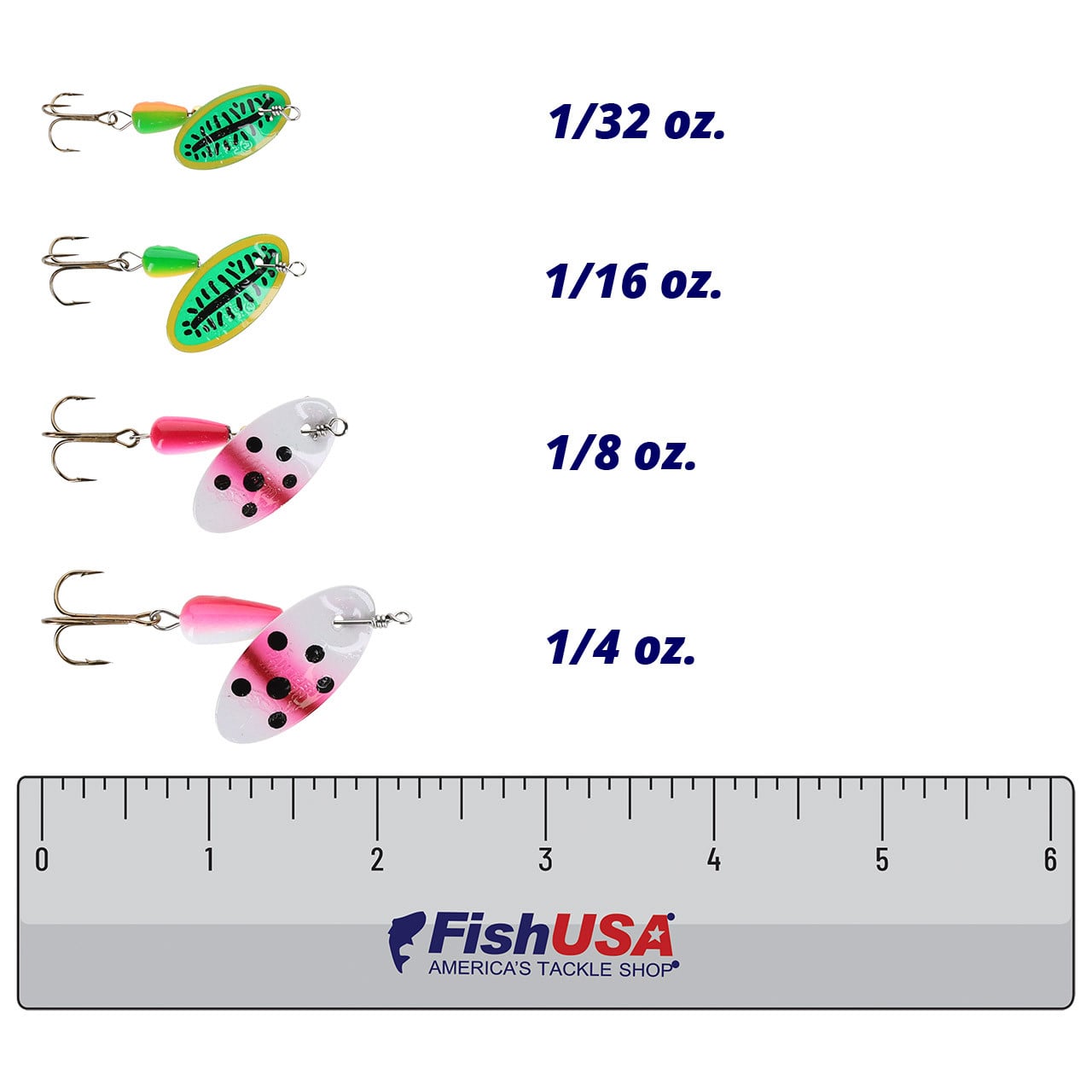 Panther Martin Nature Series Spinners in color Fire Tiger (1/32 oz., 1/16 oz.) and Rainbow Trout (1/8 oz., 1/4 oz.) above a 6 inch FishUSA ruler