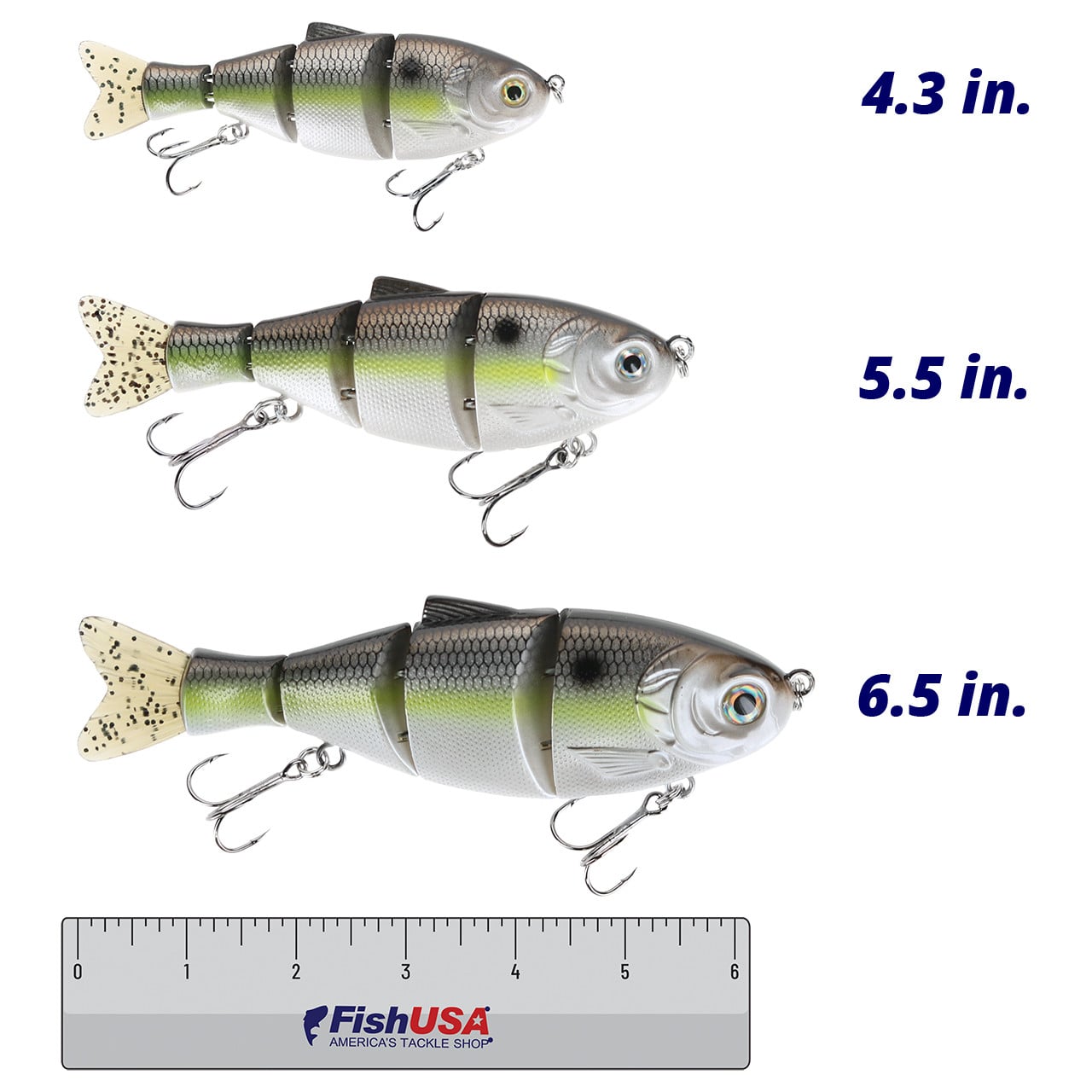 Bassmooch Donkey Bite Swimbait color Chartreuse Shad in all sizes (4.3 in., 5.5 in., 6.5 in.) above a 6 inch FishUSA ruler