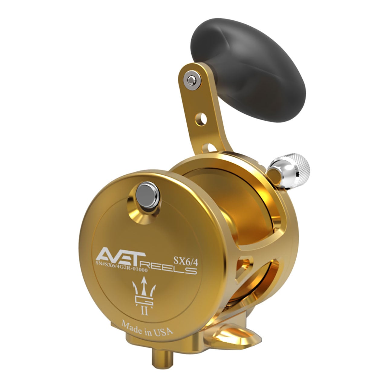 Avet SX G2 Two-Speed Lever Drag Conventional Reel color Gold right hand without Glide Plate back view