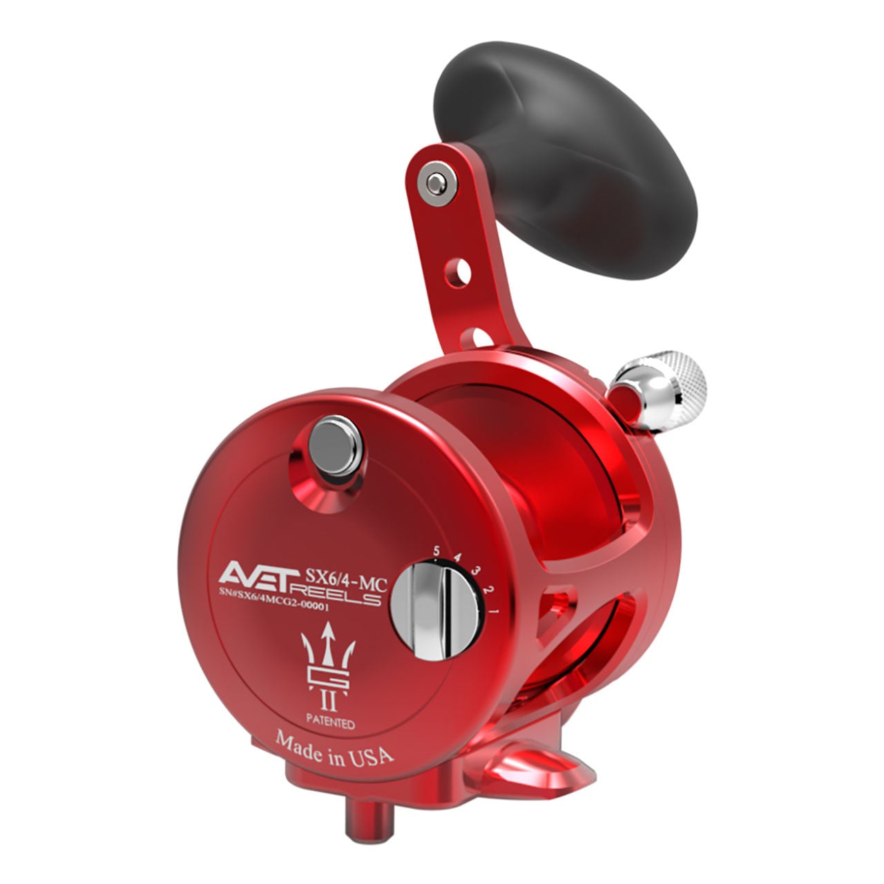 Avet SX MC G2 Two-Speed Lever Drag Conventional Reel color Red right hand without Glide Plate back view