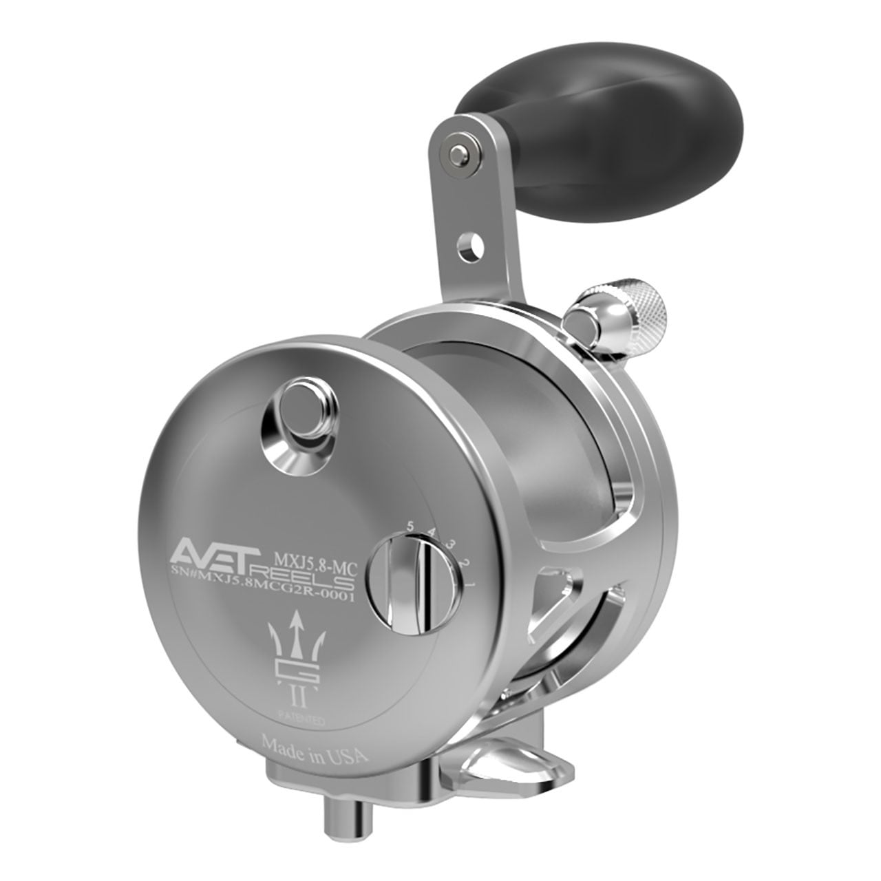 Avet MXJ MC G2 Lever Drag Conventional Reel color Silver right hand without Glide Plate back view