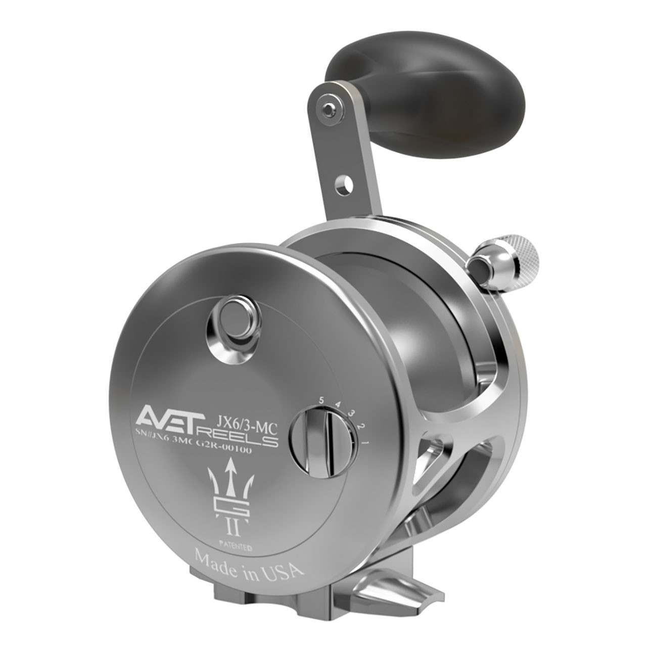 Avet JX MC G2 Two-Speed Lever Drag Conventional Reel color Silver right hand without Glide Plate back view