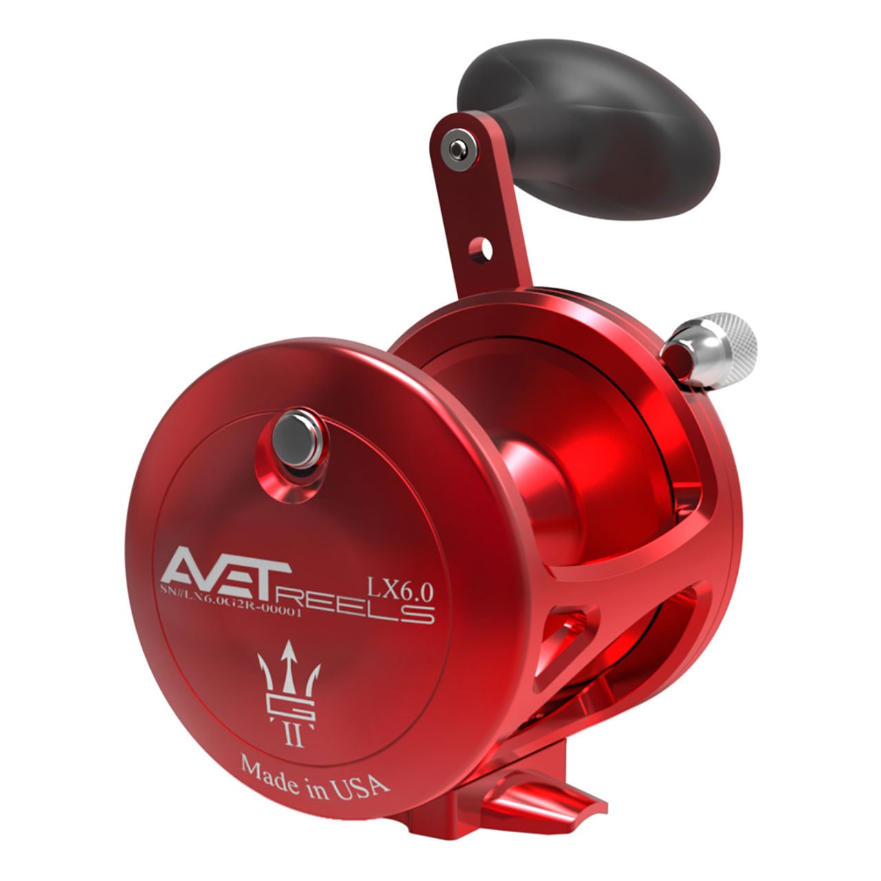 Avet LX G2 Lever Drag Conventional Reel color Red right hand without Glide Plate back view