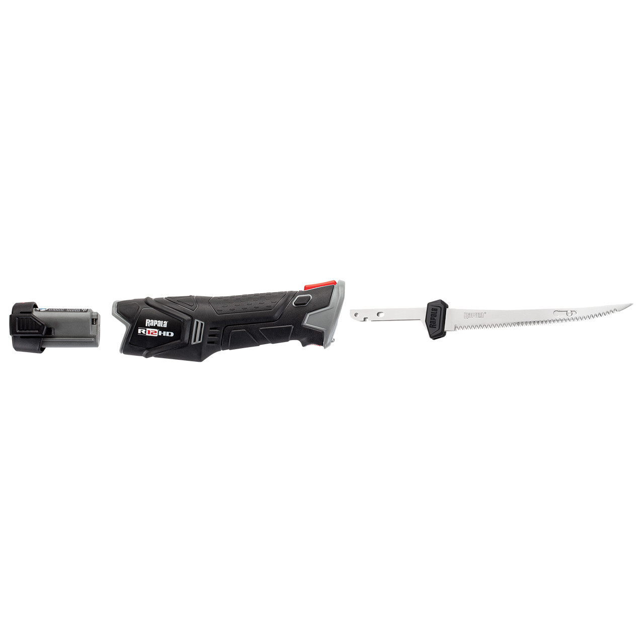 Rapala R12 Heavy Duty Electric Fillet Knife showing battery and blade separated from handle