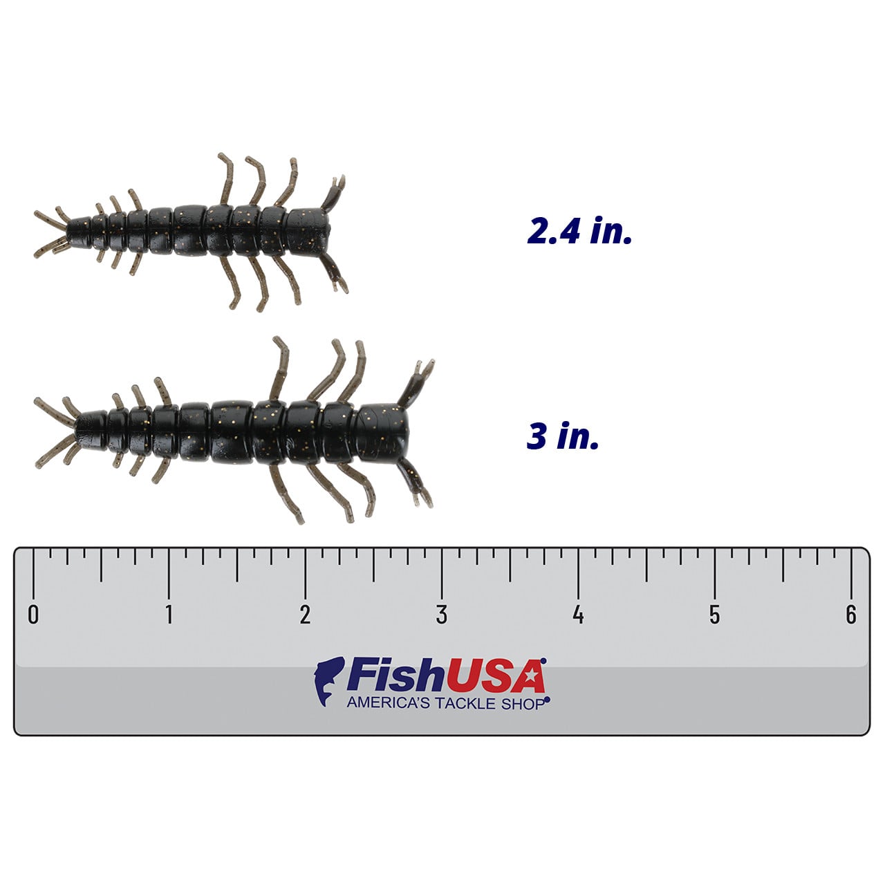 Max4 Moonbug Soft Bait color Night Light in both sizes (2.4 in., 3 in.) above a 6 inch FishUSA ruler
