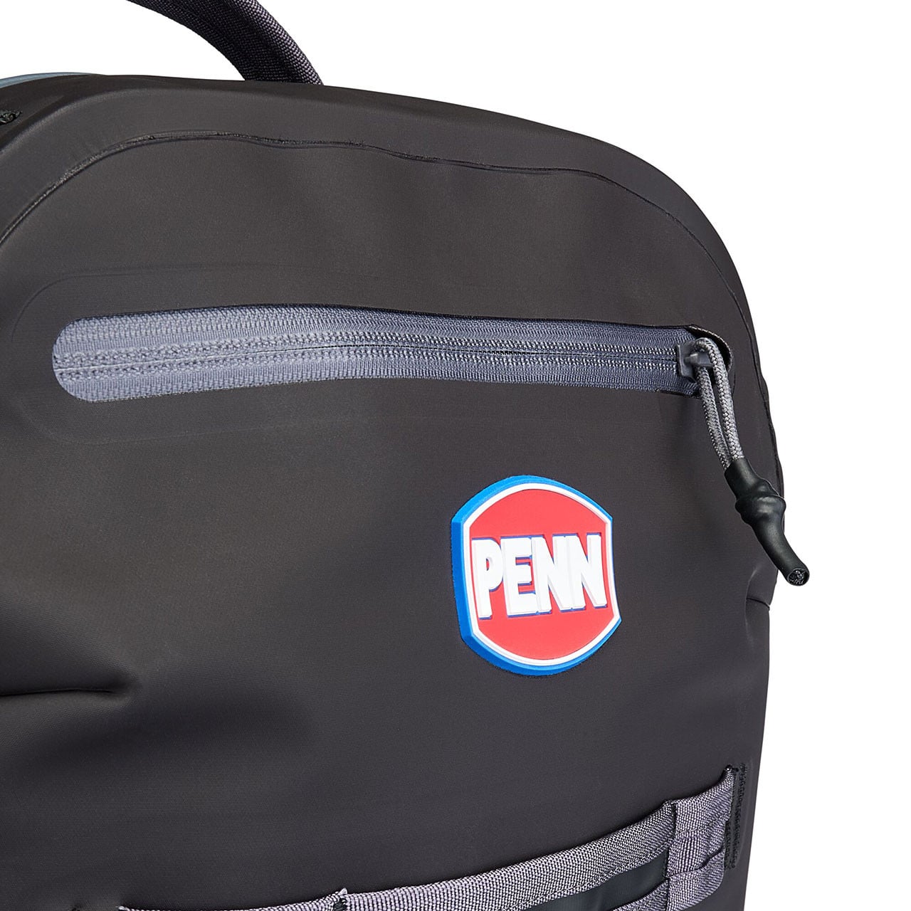 Penn Bulkhead Waterproof Backpack close up of logo on front
