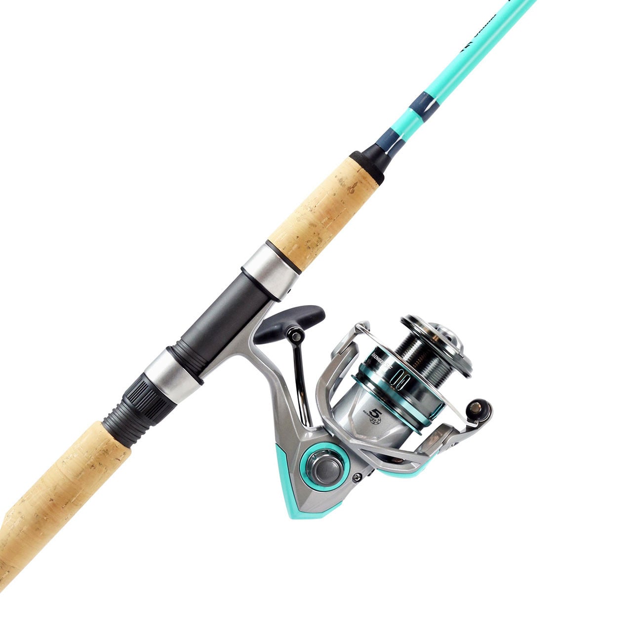 Okuma Pulse Wave Inshore Spinning Combo color Sea Foam close up of reel