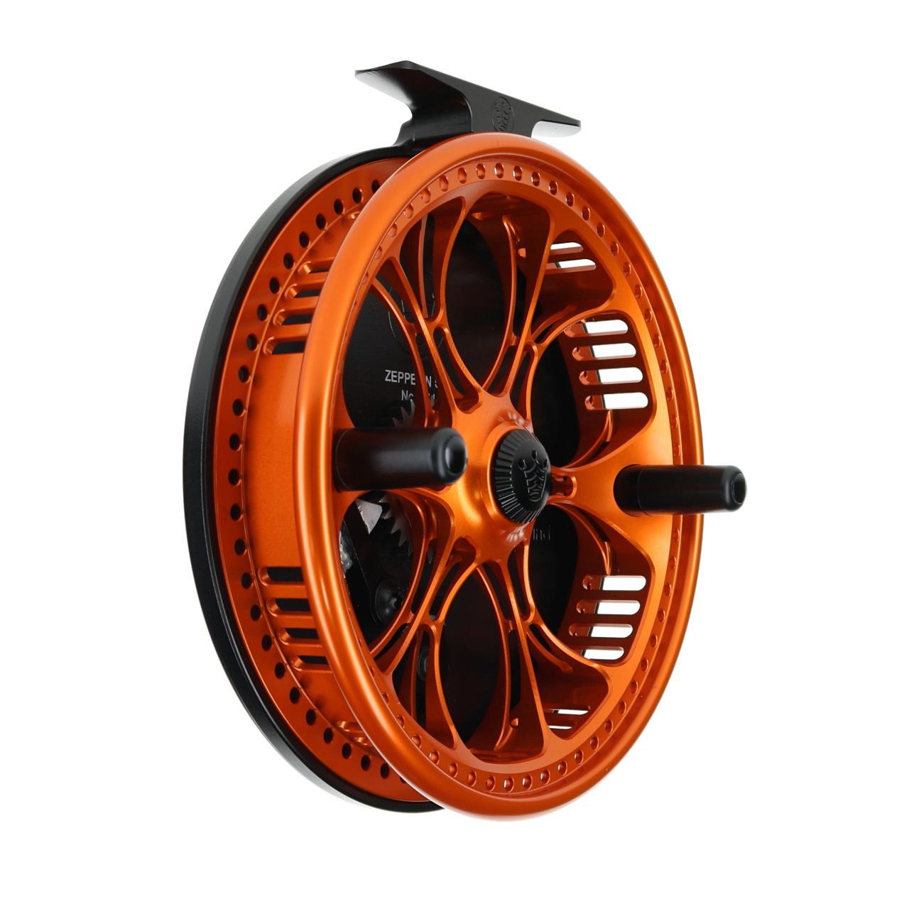 Kingpin Zeppelin Centerpin Reel model Z500 Orange at an angle