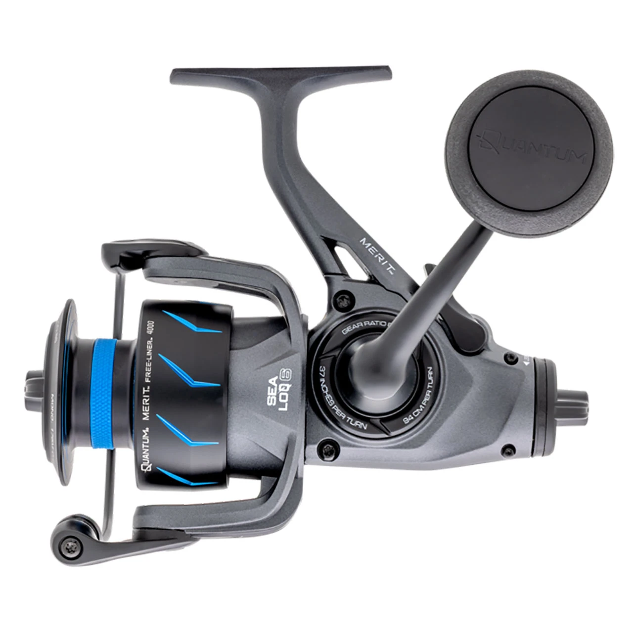 Quantum Merit Free Liner Spinning Reel close up of handle