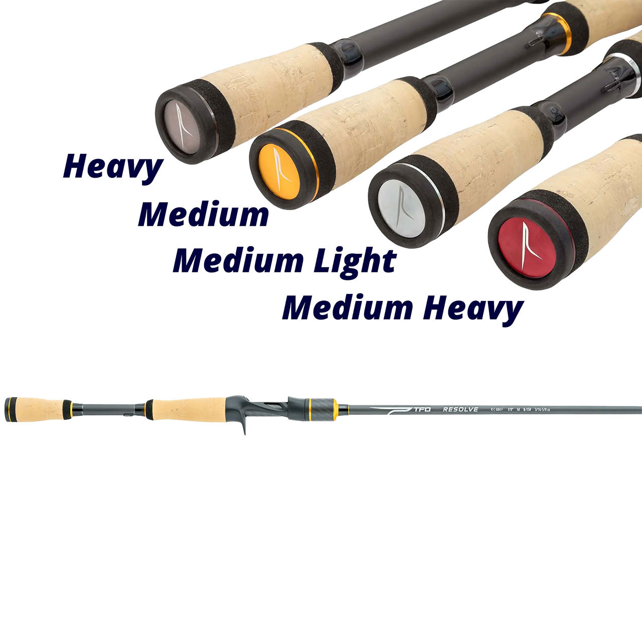 Temple Fork Outfitters Resolve Casting Rod shoowing color coded rod powers on butt handles