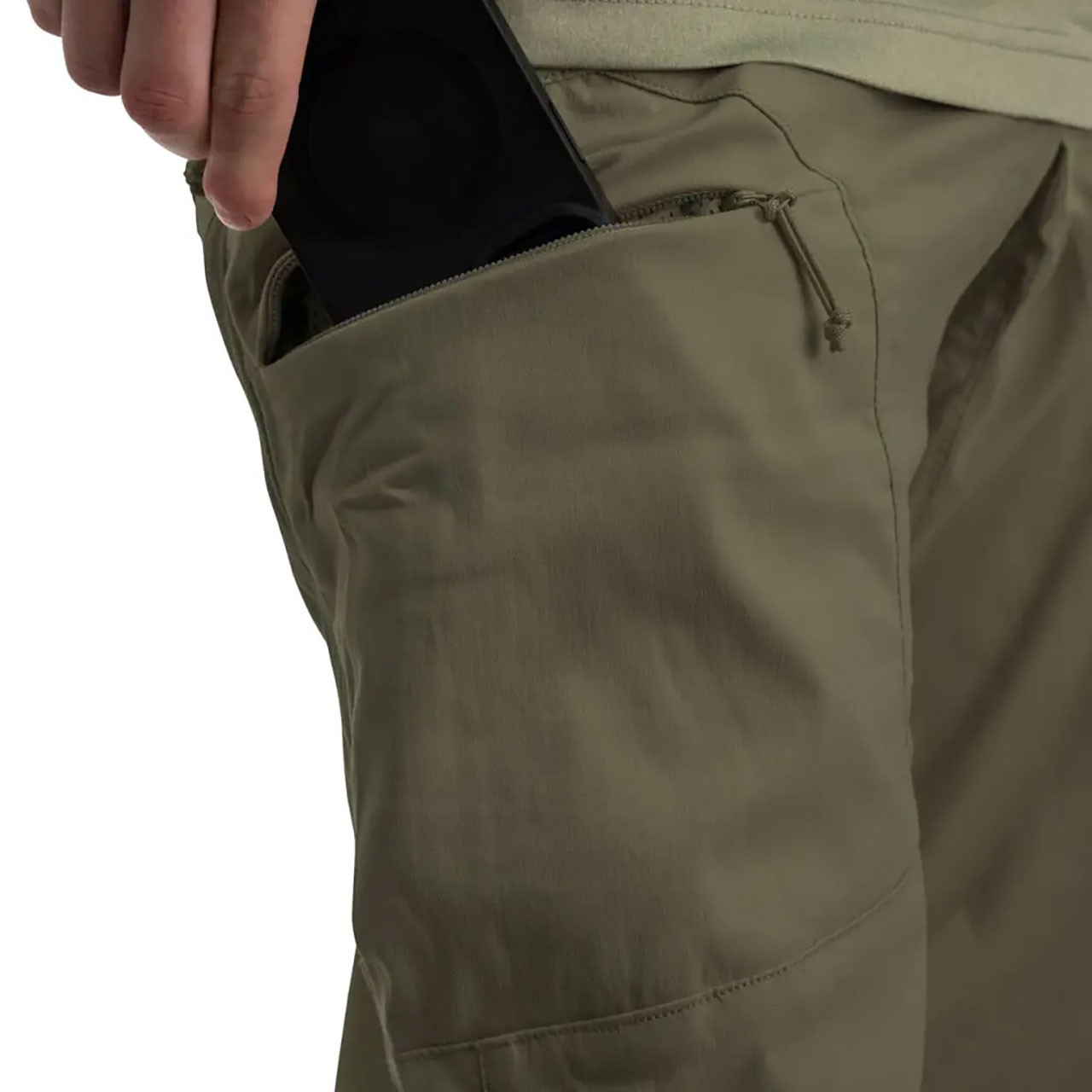 Whitewater Prevail Pant color Flint close up of zip cargo pocket, phone not included
