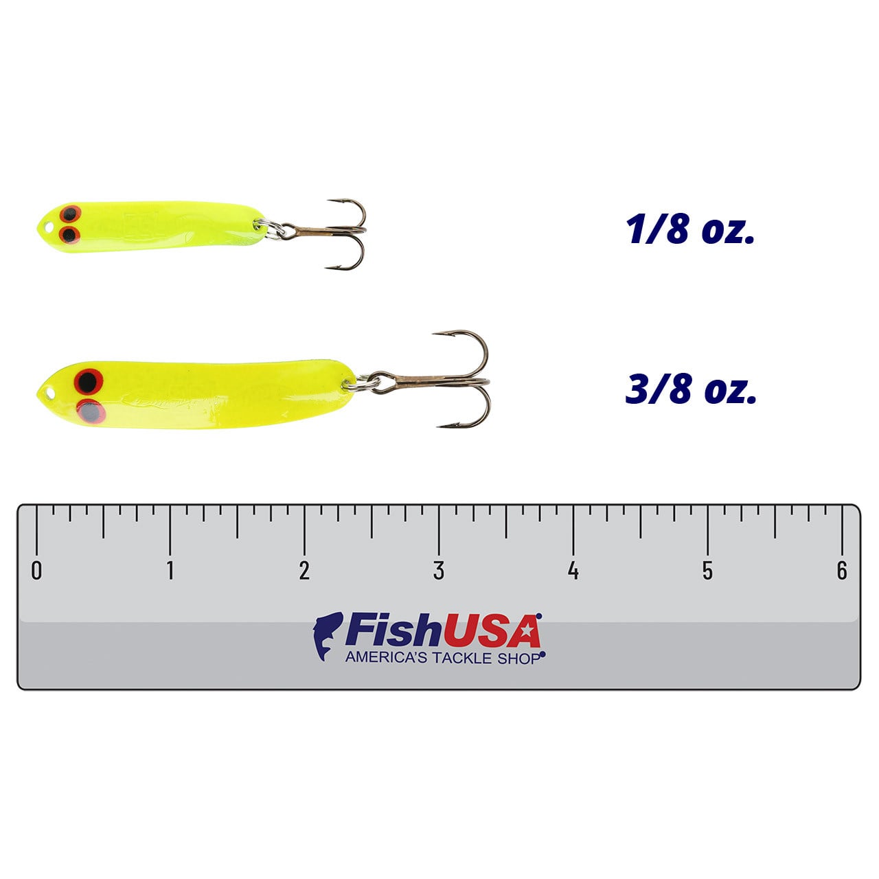 Thomas Eel Wiggler Spoon color Chartreuse in both sizes (1/8 oz., 3/8 oz.) above a 6 inch FishUSA ruler