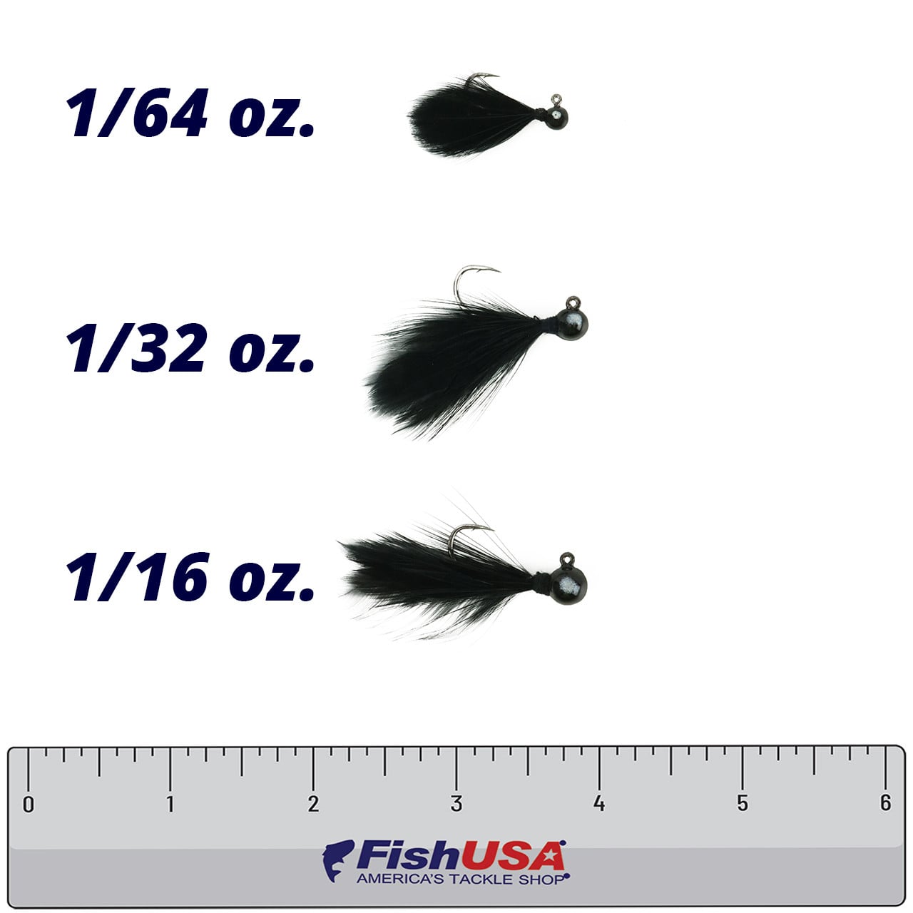 Hawken AeroJig ZipZip Jigs comparison of 1/64, 1/32, and 1/16 ounce sizes in color Black Black