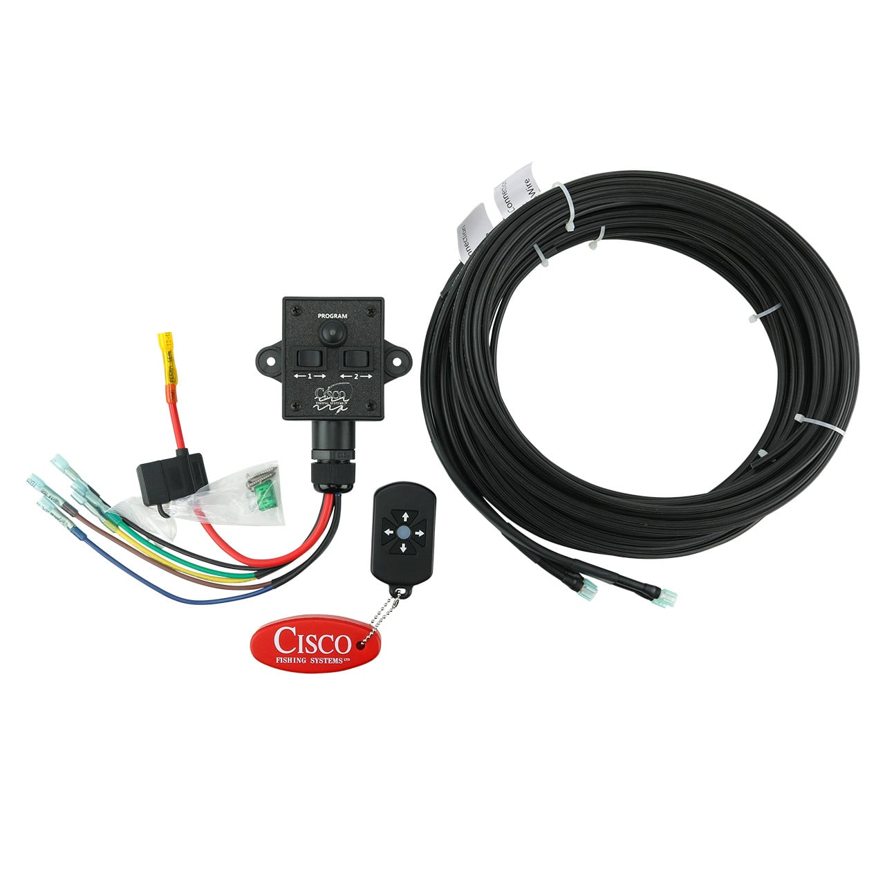 Cisco Planer Board Electric Control Box package includes a remote, transmitter box, and floating keychain