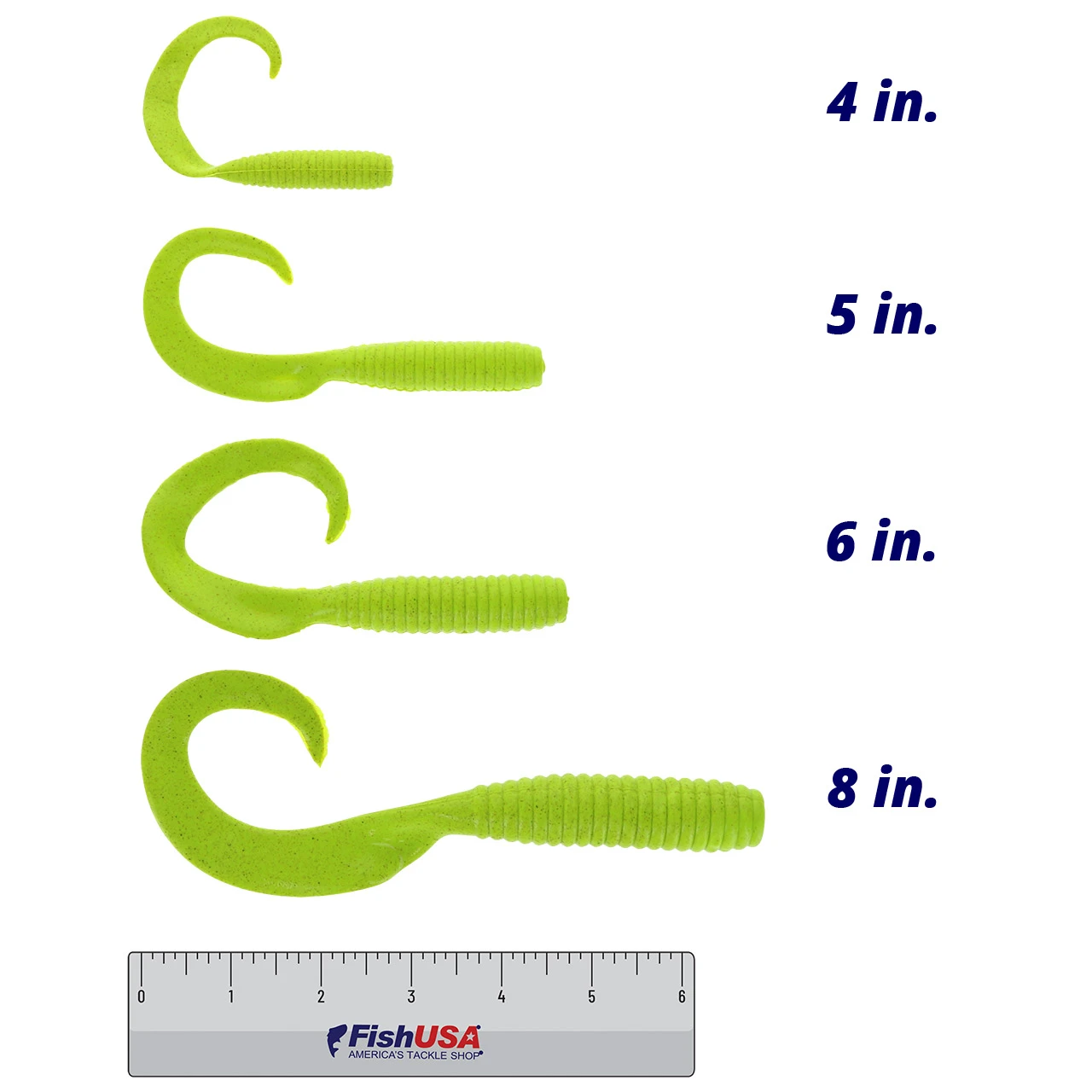 Berkley Gulp! Saltwater Grub Soft Bait color Chartreuse in all sizes (4 in., 5in., 6in., 8in.) above a 6 inch FishUSA ruler