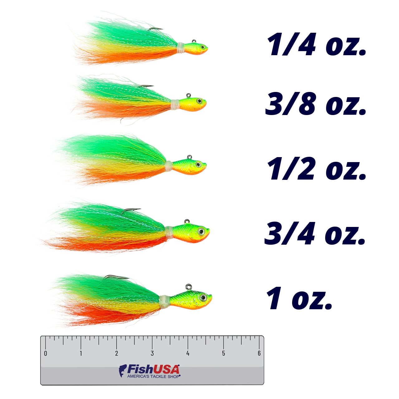 SPRO Bucktail Jig color Zucchini in all available sizes against a FishUSA ruler for size comparison