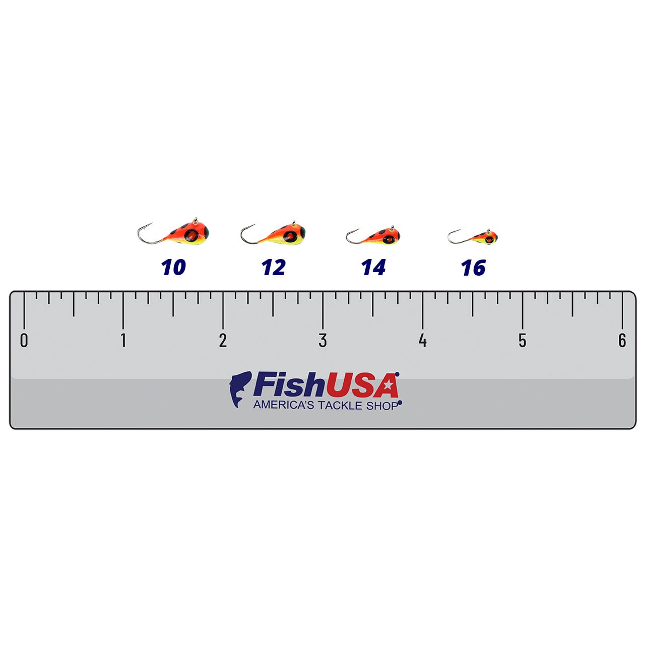 Custom Jigs & Spins Chekai Tungsten Jig color Circus Clown in all sizes (10, 12, 14, 16) above a 6 inch FishUSA ruler