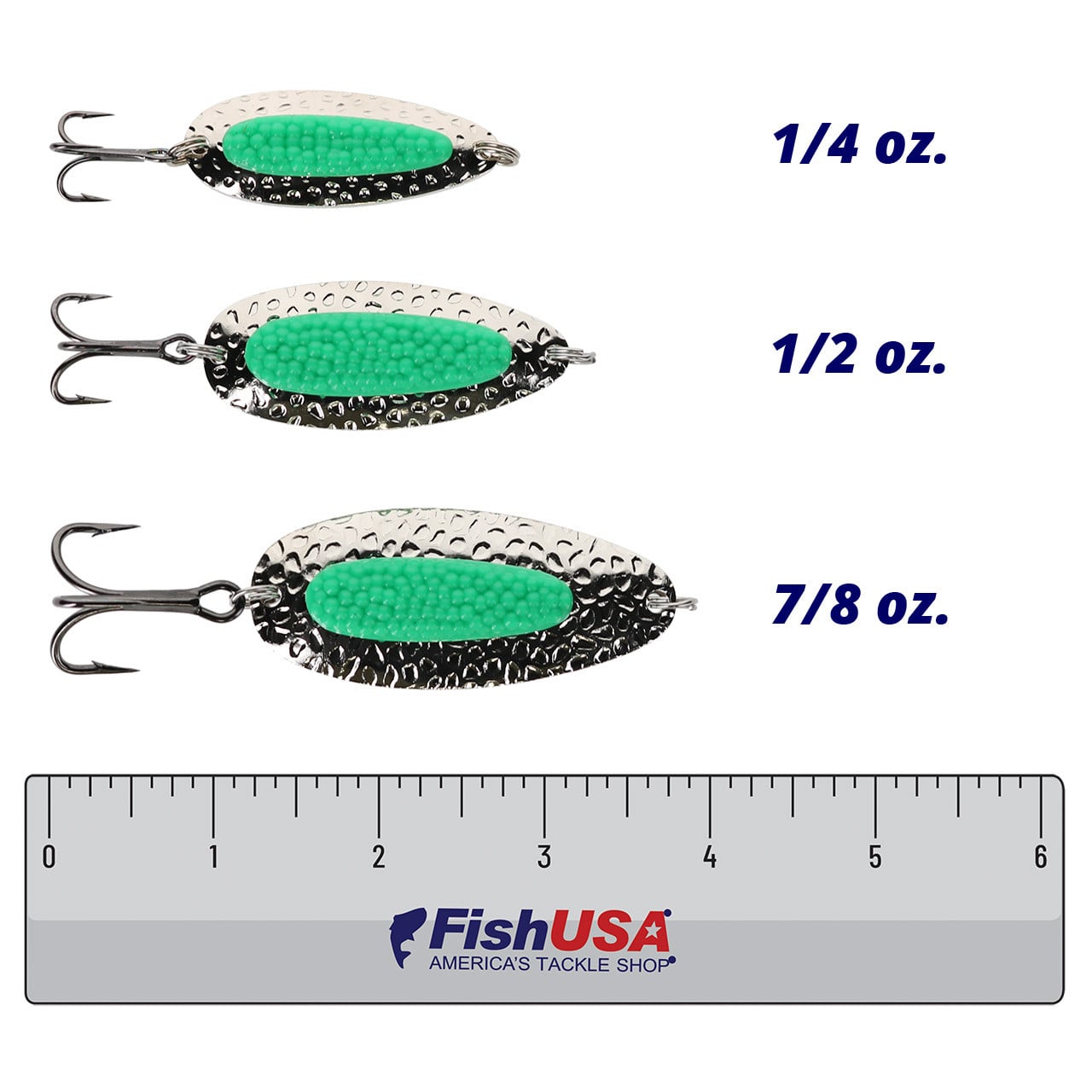 Blue Fox Pixee Spoon color Nickel-Green in all sizes (1/4 oz., 1/2 oz., 7/8 oz.) above a 6 inch FishUSA ruler