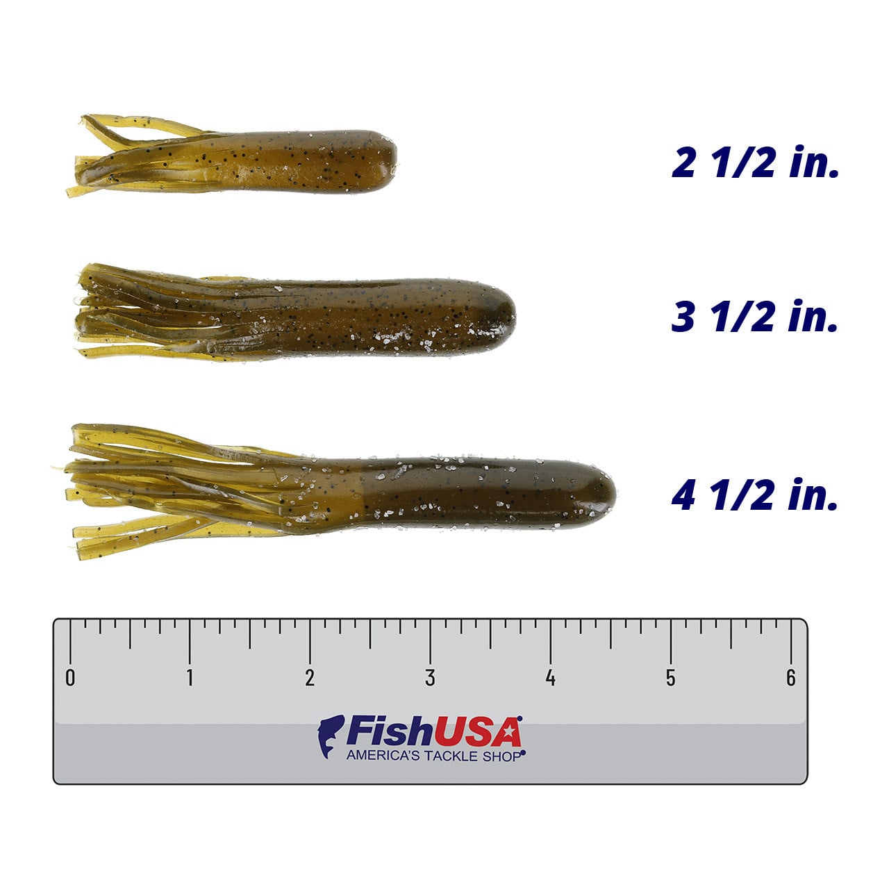 Berkley PowerBait Power Tubes color Green Pumpkin in all sizes (2 1/2 in., 3 1/2 in., 4 1/2 in.) above a 6 inch FishUSA ruler