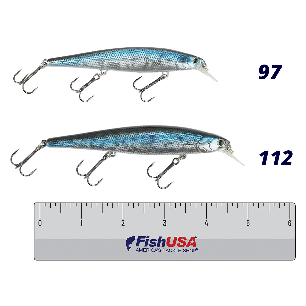 Lucky Craft Slender Pointer MR color Aurora Black in both sizes (97 and 112) above a 6 inch FishUSA ruler