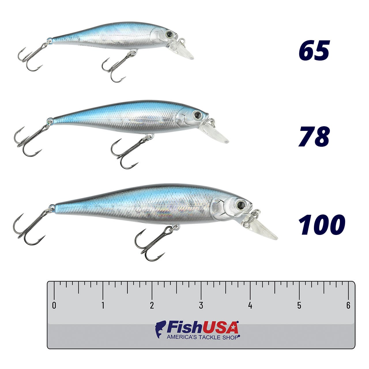 Lucky Craft Pointer Jerkbait color Aurora Black in all sizes (100, 78, 65) above a 6 inch FishUSA ruler