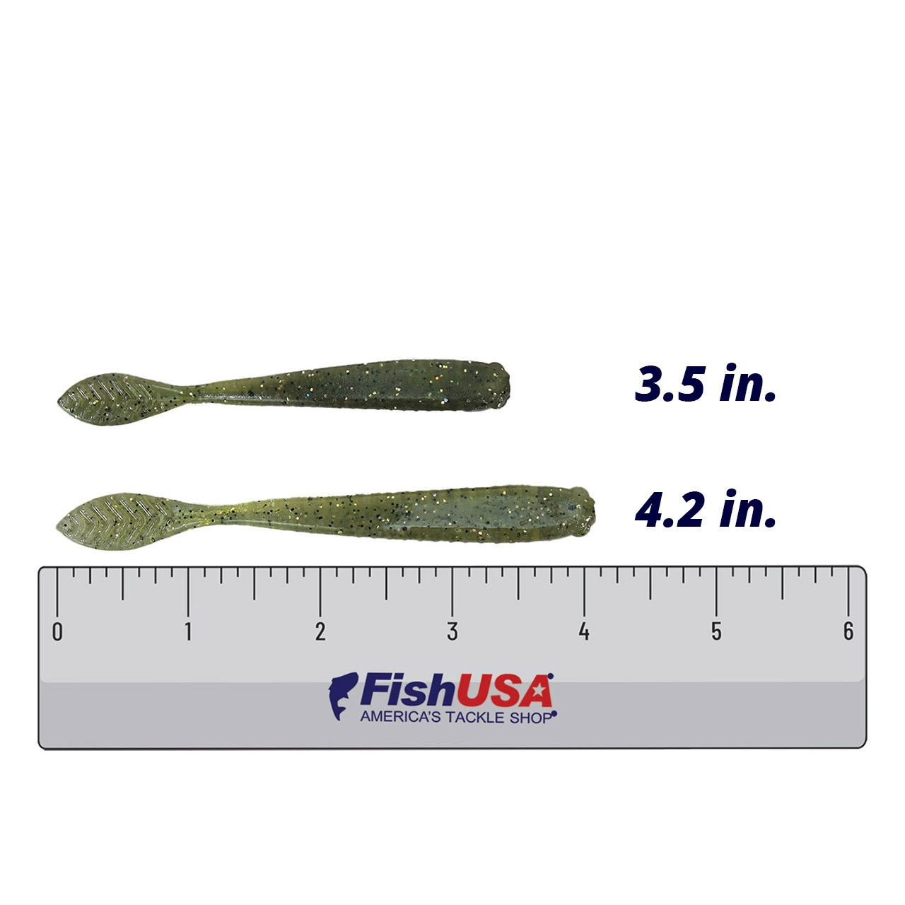 Z-Man Trick Shotz color Game Changer in both sizes (3.5 in., 4.2 in.) above a 6 inch FishUSA ruler