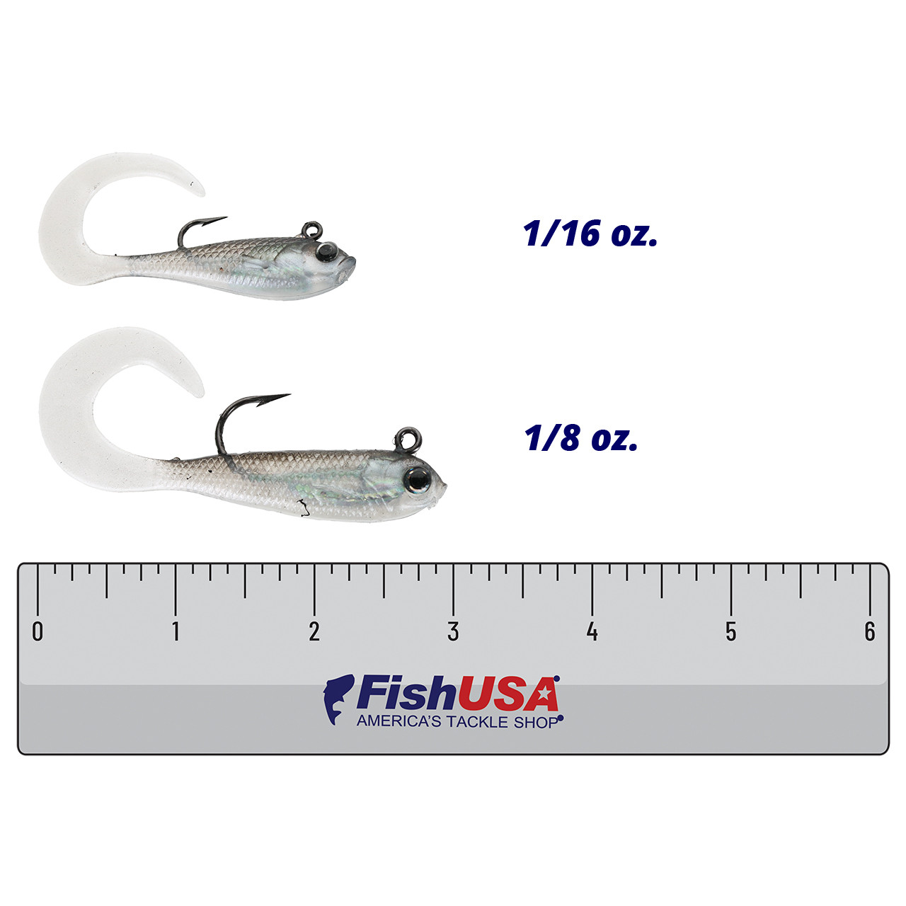 Storm Wildeye Curl Tail Minnow color Shiver in both sizes (1/16 oz., 1/8 oz.) above a 6 inch FishUSA ruler