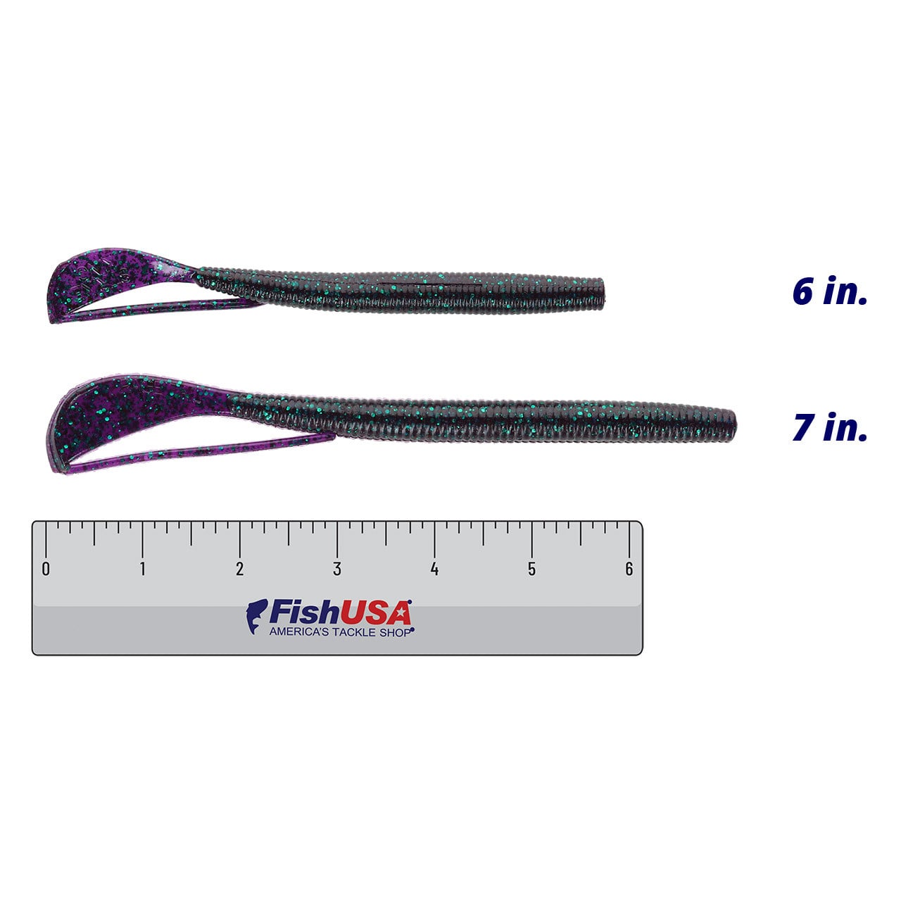 Strike King Rage Cut-R Worms color Junebug in both sizes (6 in., 7 in.) above a 6 inch FishUSA ruler